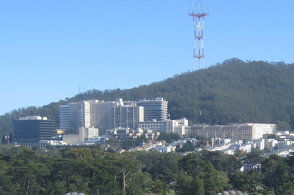 UCSF Campus with Twin Peaks and Sutro Tower in the background.