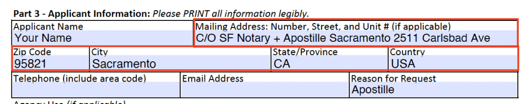 The application from CA Vital Records showing SF Notary + Apostille's mailing information