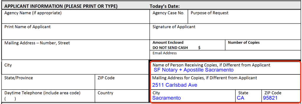The application from SF County showing SF Notary + Apostille's mailing information