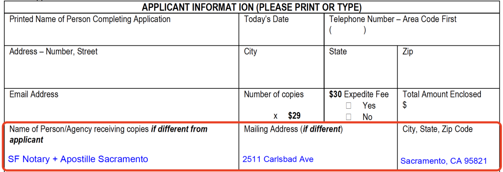 The application from SF Vital Records showing SF Notary + Apostille's mailing information