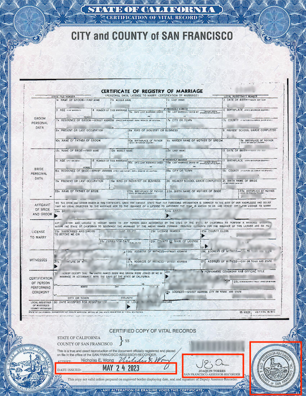 Example of current format of SF marriage certificate
