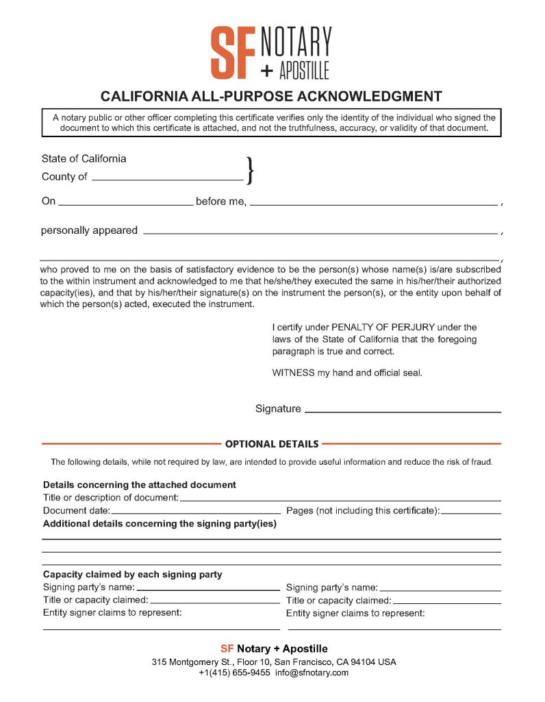 Sample of California Acknowledgment notarial certificate, one of the types of notarization