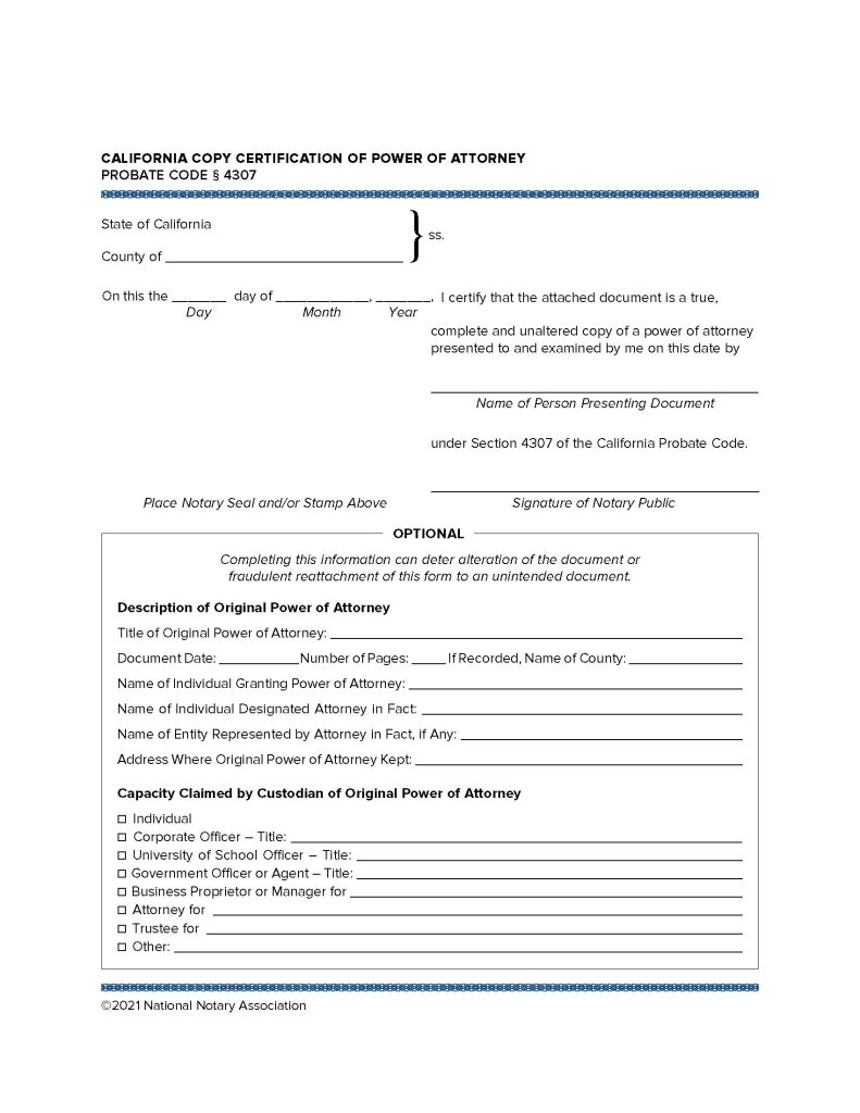 Sample California Copy Certification of Power of Attorney notarial certificate