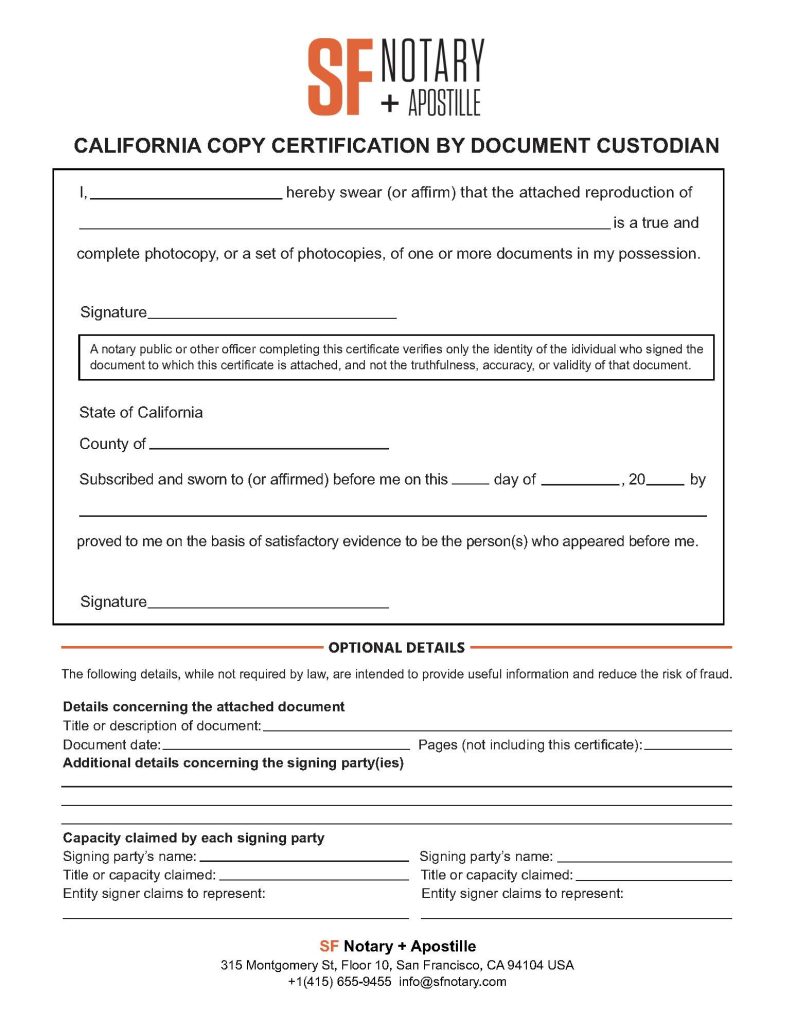 Sample of a California Copy Certification by Document Custodian notarial certificate