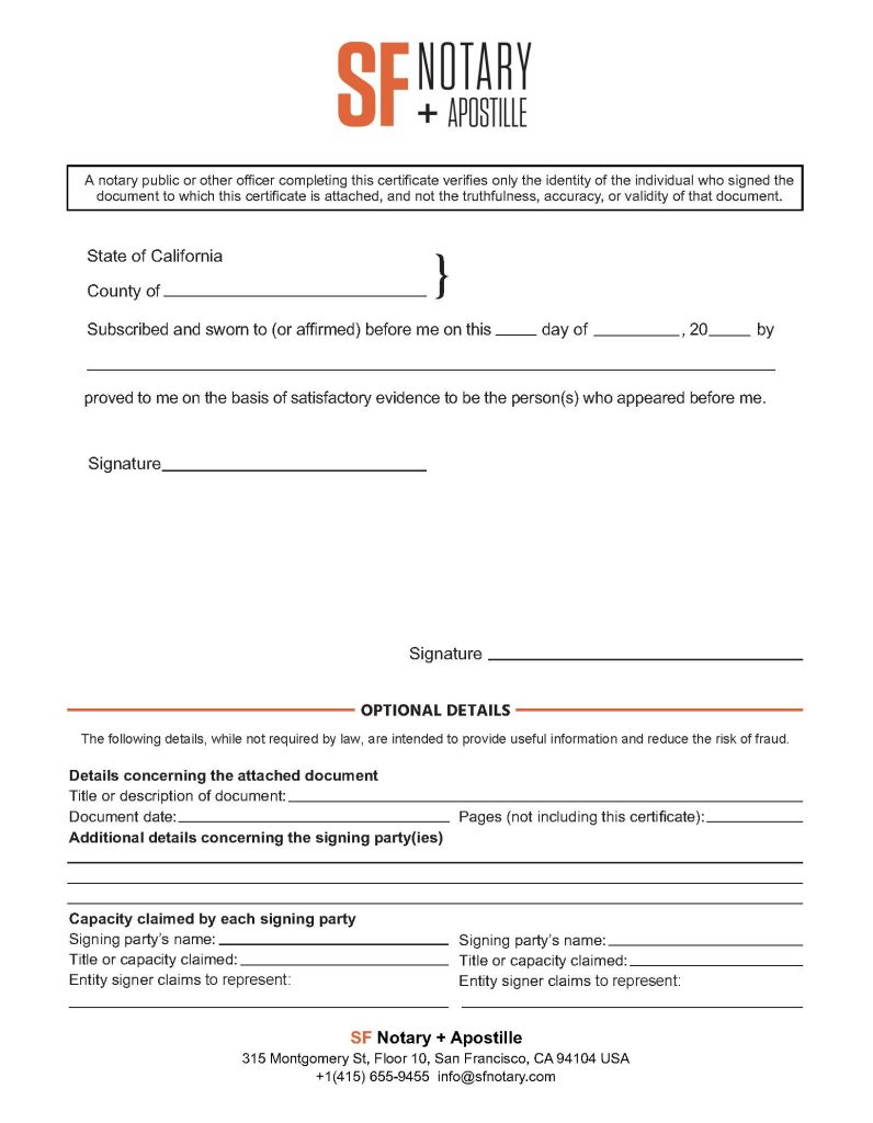 Sample of a California Jurat notarial certificate