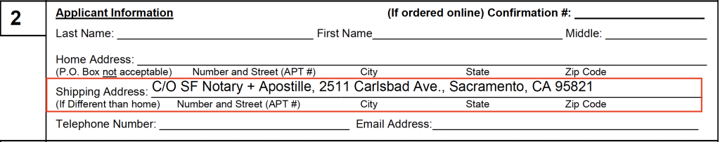 The application from Alameda County showing SF Notary + Apostille's mailing information