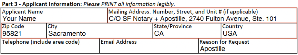 The application from CA Vital Records showing SF Notary + Apostille's mailing information