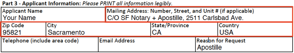 The application from CA Vital Records showing SF Notary + Apostille's mailing information