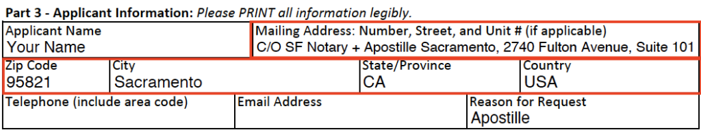 The application from CA Vital Records showing SF Notary + Apostille's mailing information