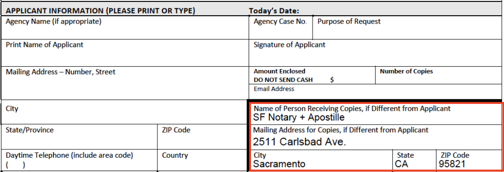 The application from SF County showing SF Notary + Apostille's mailing information