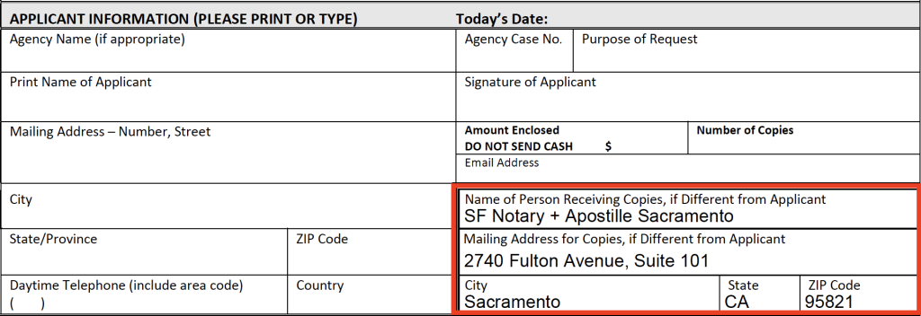 The application from SF County showing SF Notary + Apostille's mailing information