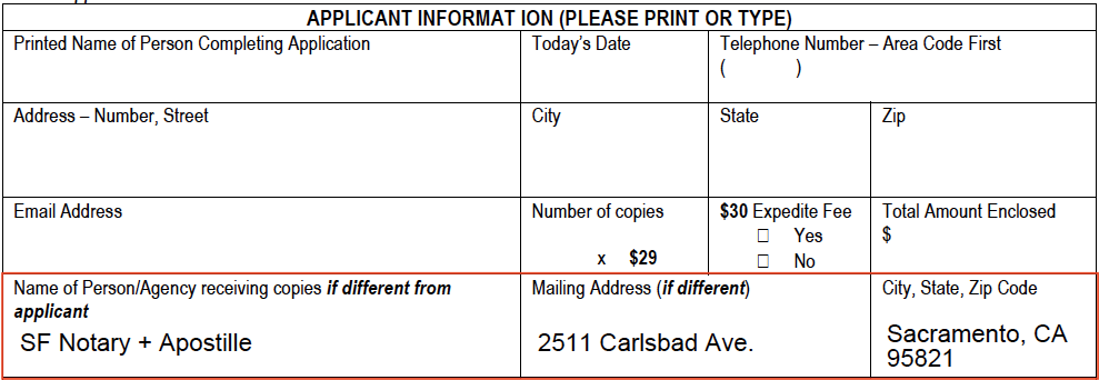 The application from SF Vital Records showing SF Notary + Apostille's mailing information