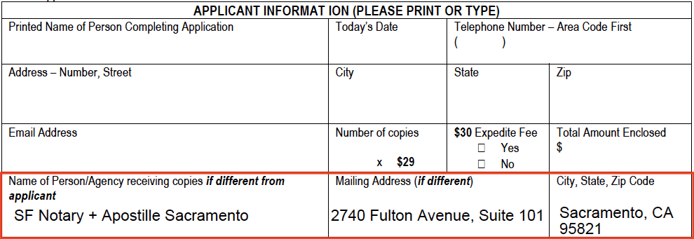 The application from SF Vital Records showing SF Notary + Apostille's mailing information