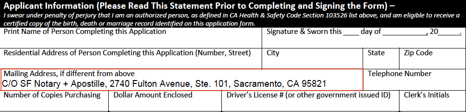 The application from San Mateo County showing SF Notary + Apostille's mailing information