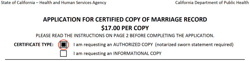 Image of the CDPH marriage certificate request form with the box checked for "AUTHORIZED COPY"