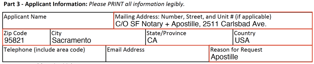 Image of the CDPH marriage certificate request form with SF Notary's address typed into the "Mailing Address" section