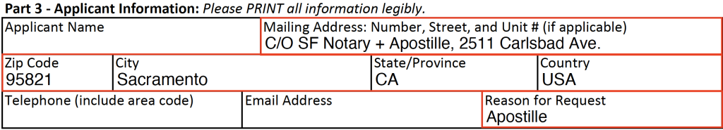 The application from CA Vital Records showing SF Notary + Apostille's mailing information