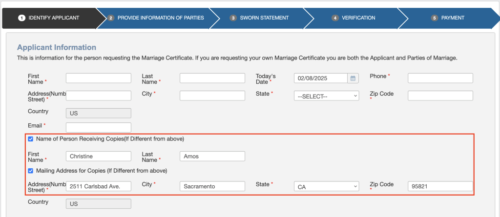 Screenshot of the online application form, with SF Notary's information added to the Name of Person Receiving Copies (If Different from above) and Mailing Address for Copies (If Different from above) fields.