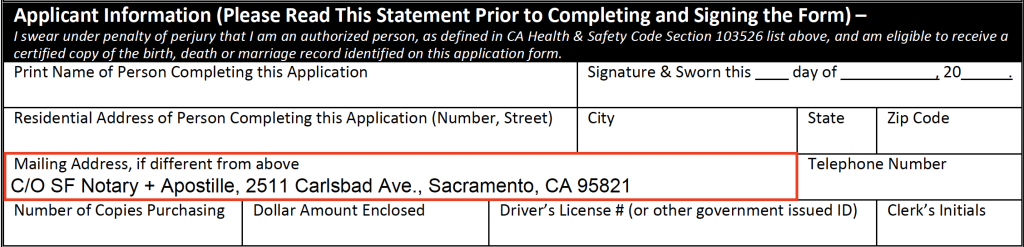 Image of the San Mateo County marriage certificate request form with SF Notary's address typed into the "Mailing Address" section