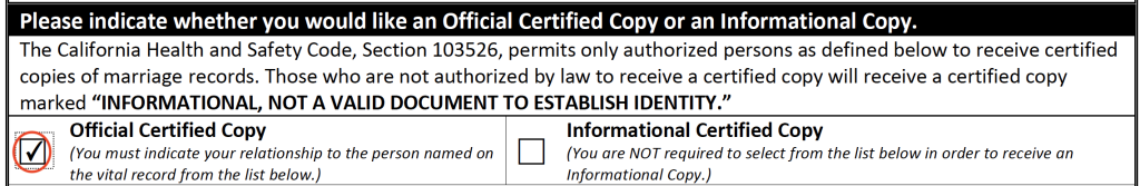 Image of the San Mateo County marriage certificate request form with the box checked for "Official Certified Copy"