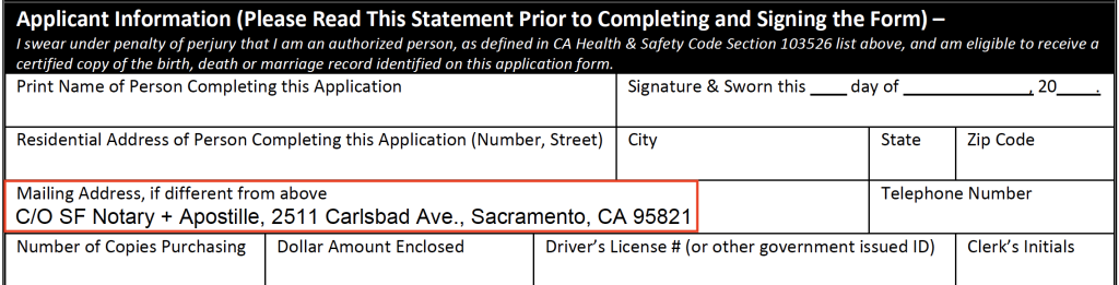 Image of the San Mateo County marriage certificate request form with SF Notary's address typed into the "Mailing Address" section