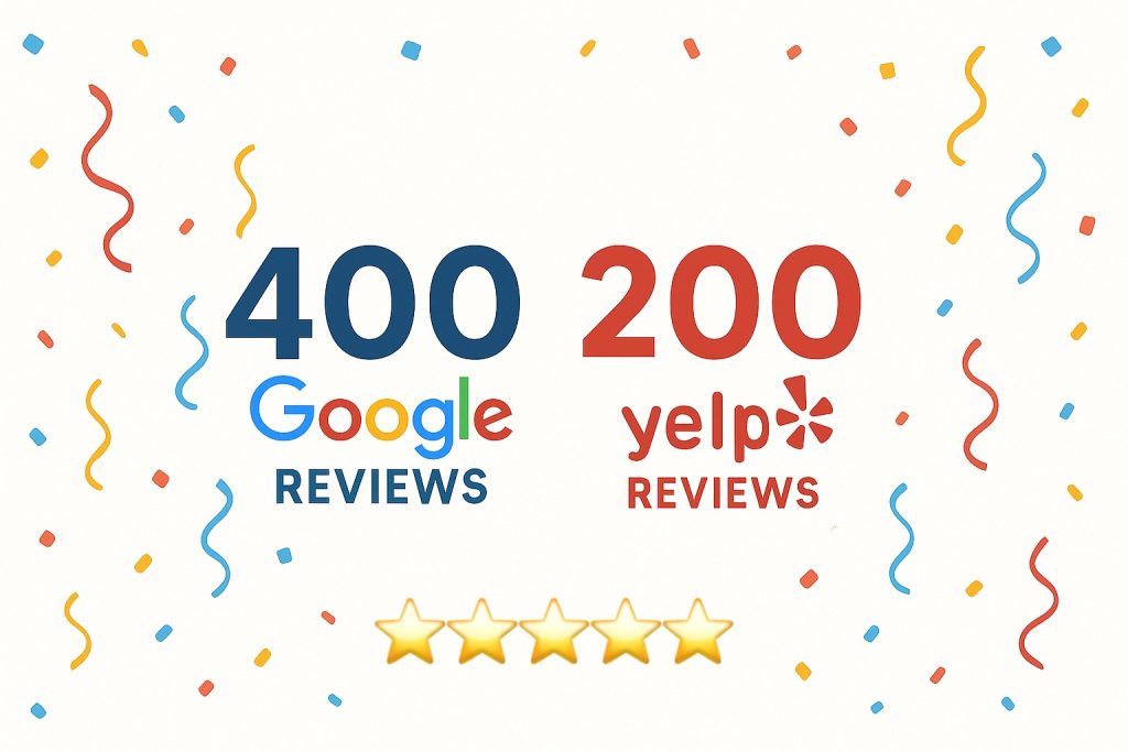 Graphic showing 400 Google reviews and 200 Yelp reviews for SF Notary