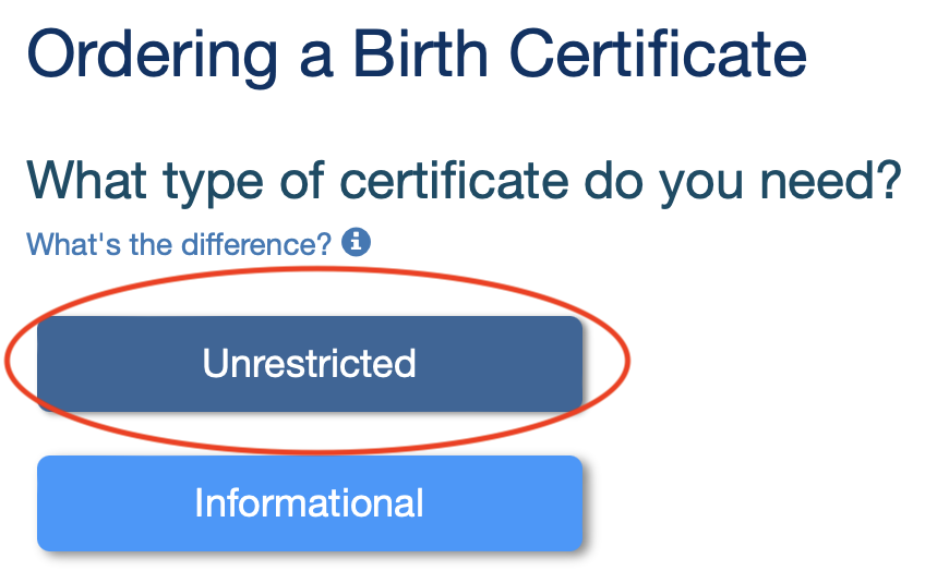 Image of Alameda County's online application for birth certificate copy, with the "Unrestricted Copy"button circled.