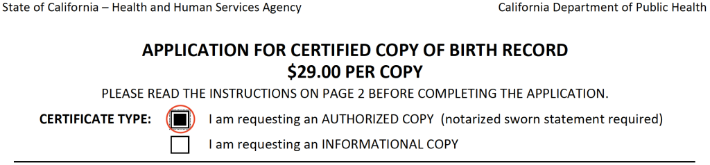 Image of CADPH application for birth certificate copy, with the "Official Certified Copy" box checked.
