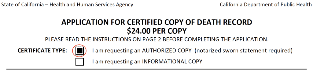 Image of CADPH application for death certificate, with the "Official Certified Copy" box checked.