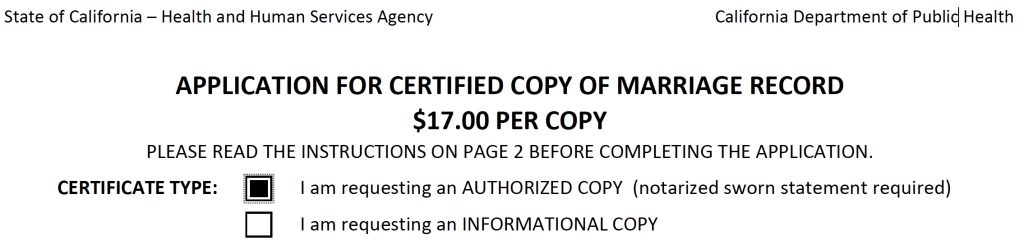 Image of CDPH application for marriage certificate copy, with the "Official Certified Copy" box checked.
