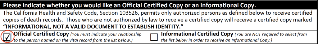 Image of San Mateo County application for death certificate, with the "Official Certified Copy" box checked.