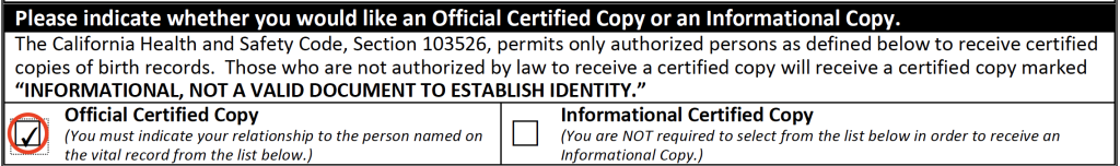 Image of San Mateo County application for birth certificate, with the "Official Certified Copy" box checked.