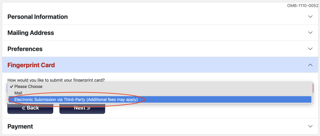 "Fingerprint Card" section with "Electronic Submission via Third-Party" circled