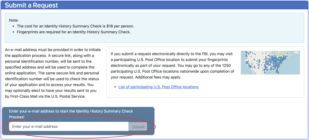Screenshot from FBI application with "Enter your email address" circled