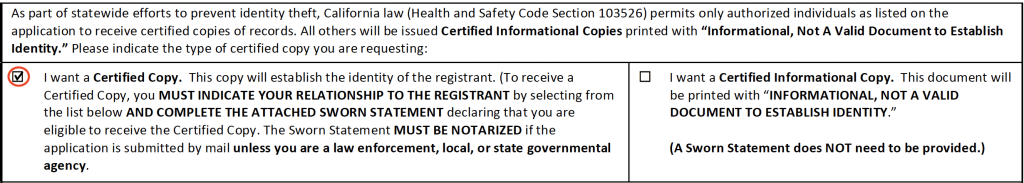 San Francisco County application for death certificate, with the "Certified Copy" box checked.